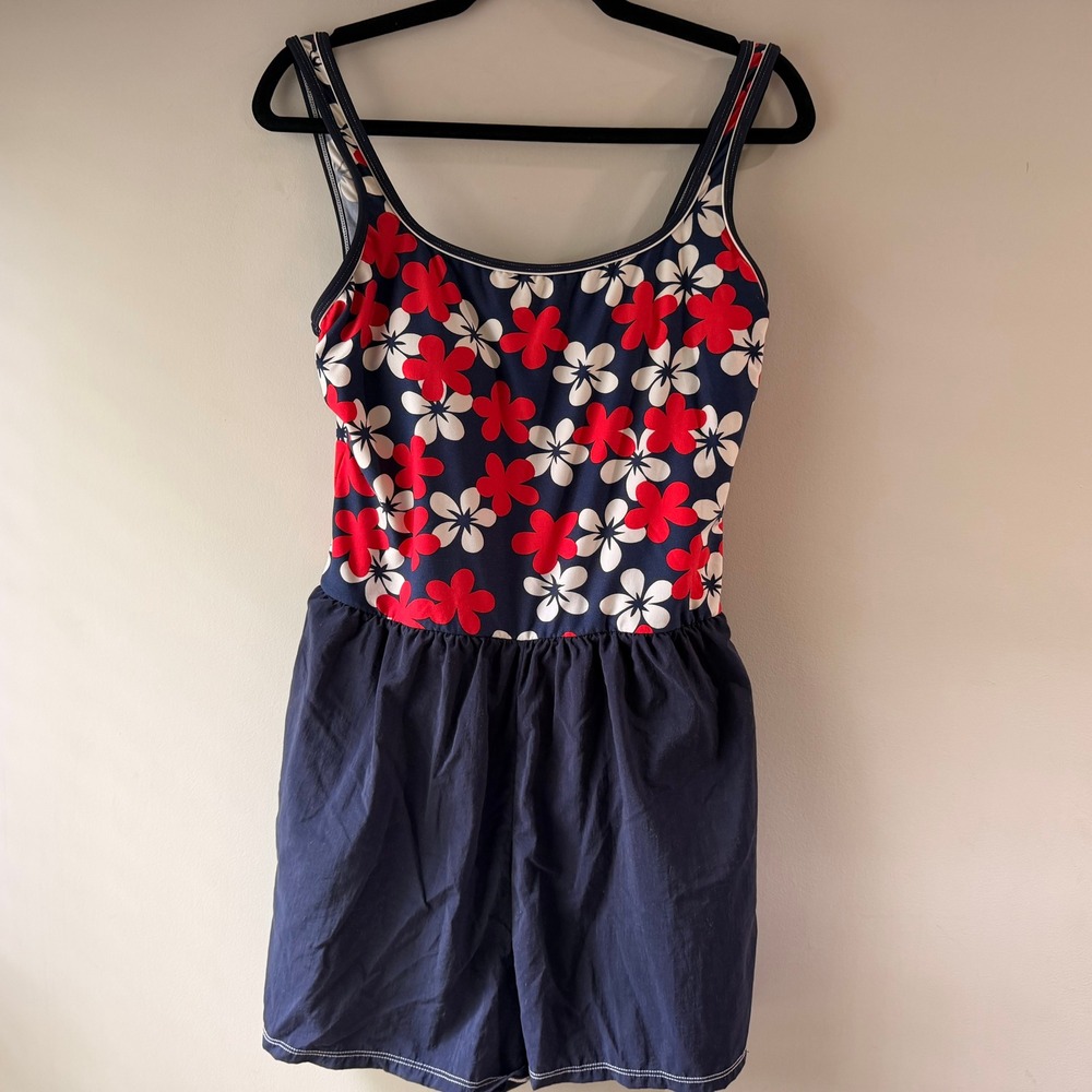 Gabar Swim Dress Womens 16 Navy Blue Good Floral Retro Modest One Piece G2522